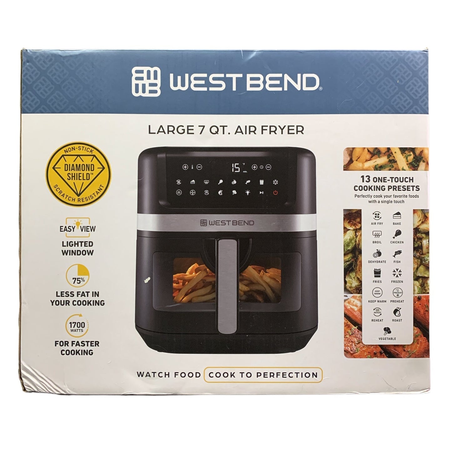 West Bend 7 Quart Air Fryer, 1700 Watt, Easy-View Window, 13 One-Touch Presets