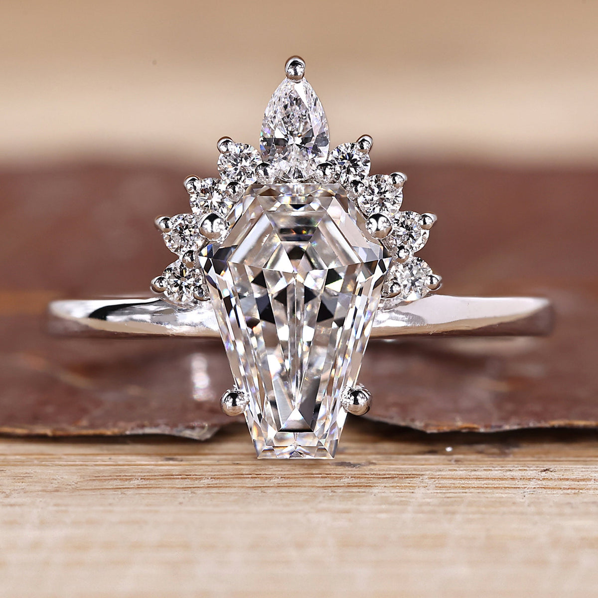 Vintage Coffin Shaped Engagement Ring with Half Halo Style
