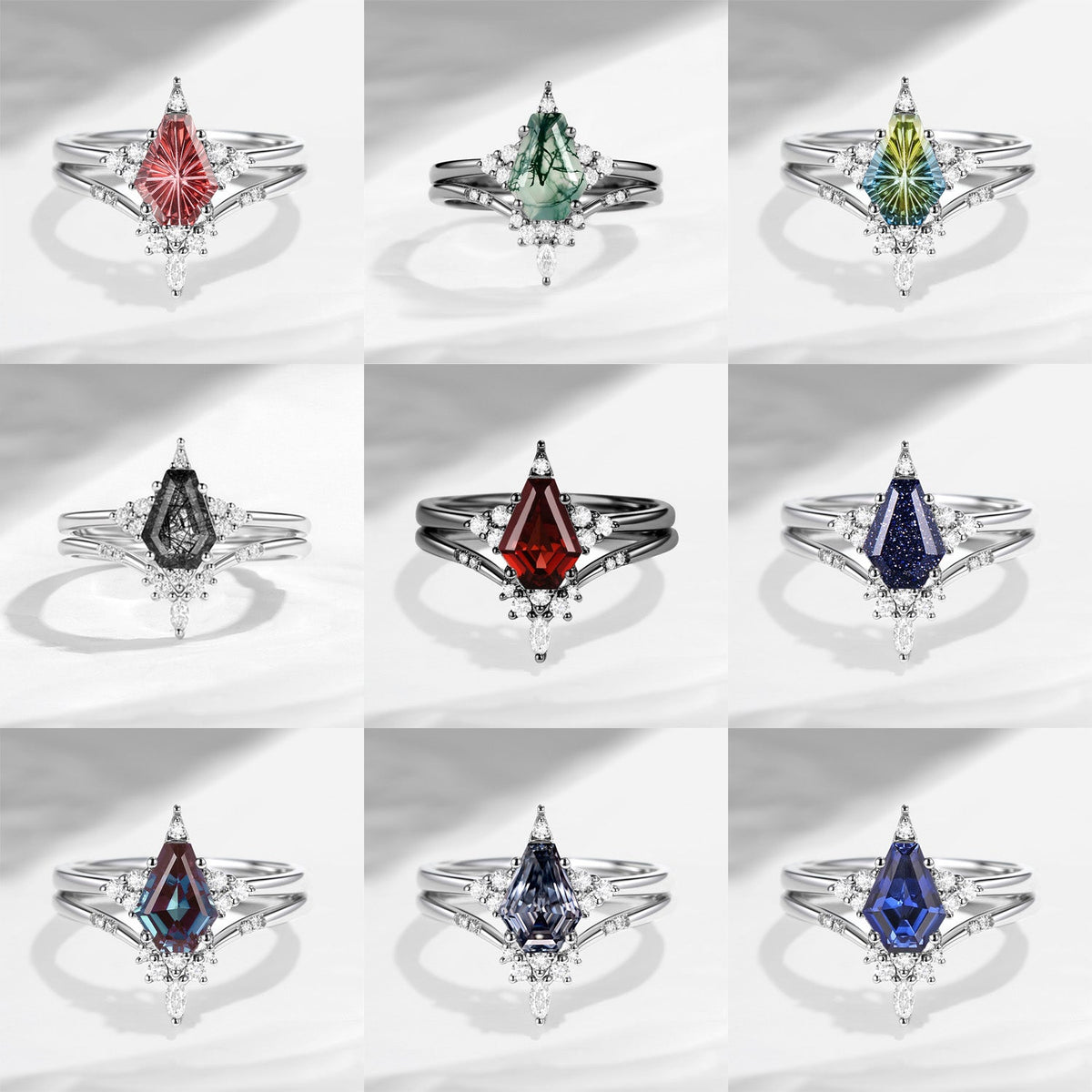 Classic Style Unique Coffin Cut Herkimer Diamond Star Cluster Engagement Ring Bridal Set 2pcs - Coffin Kite