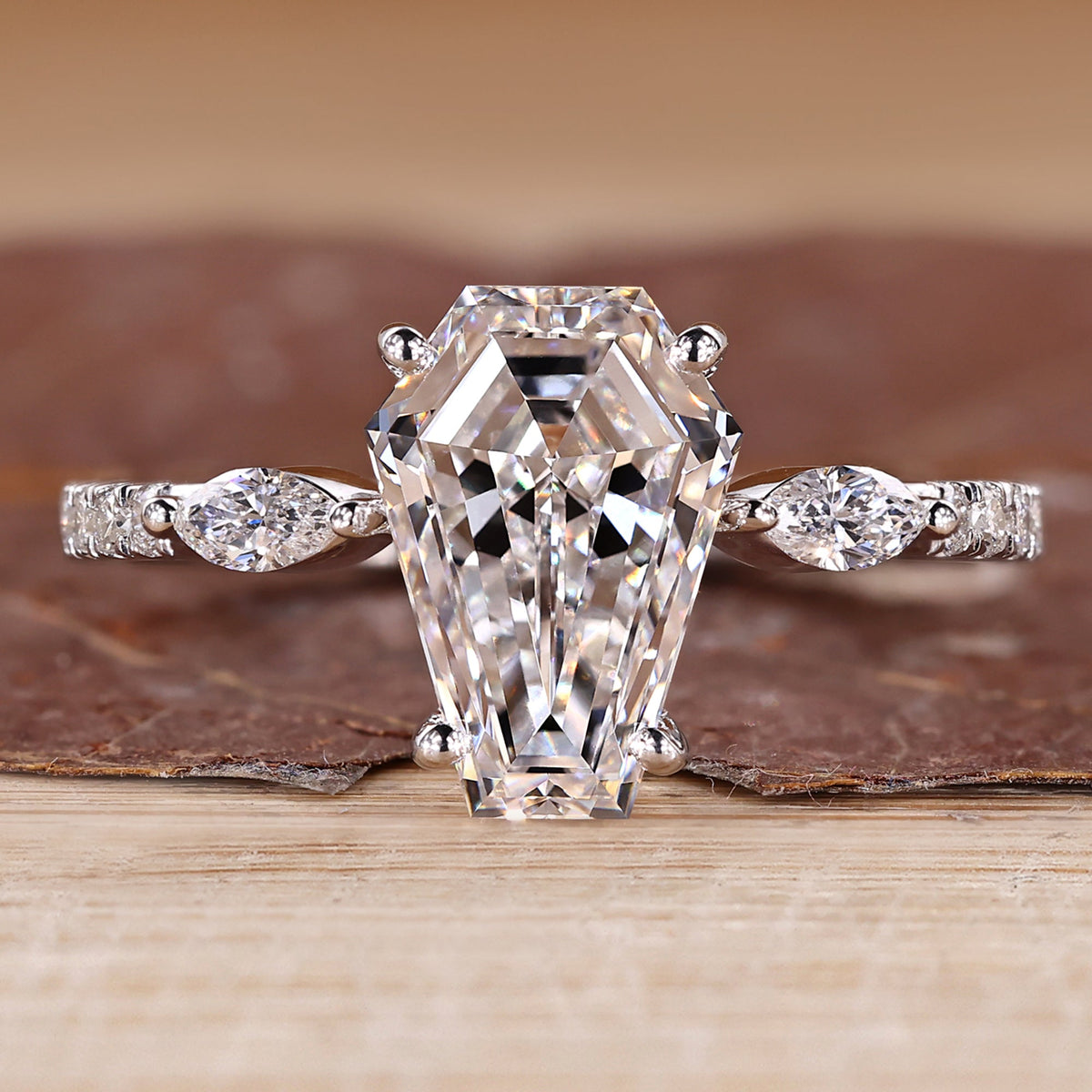 Coffin Shaped Diamond Ring with Marquise Side Stones