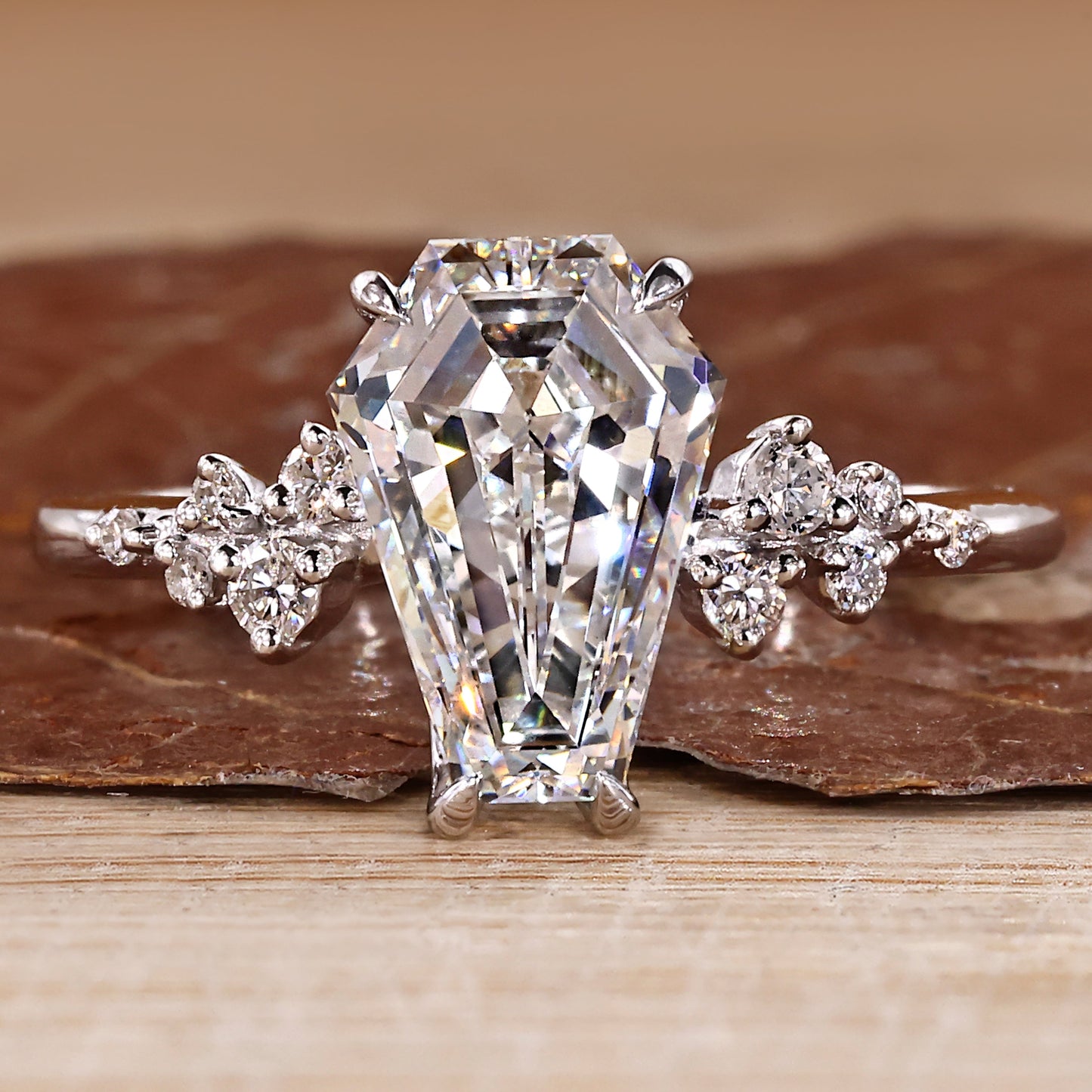 Cluster Diamond Ring with Coffin Center Stone and Tulip Setting