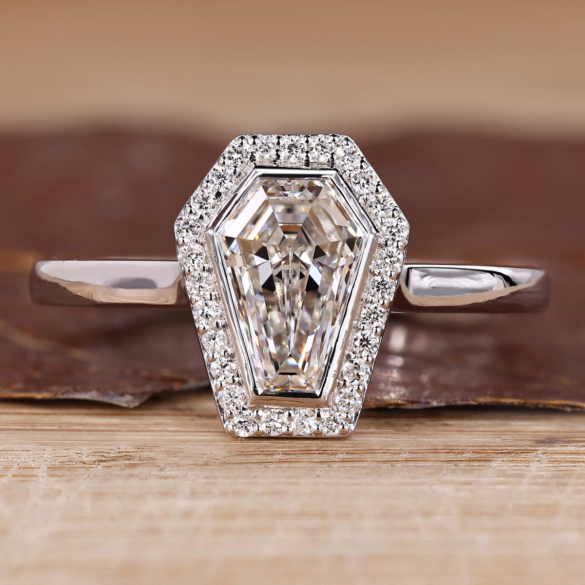 Bezel Set Round Halo Diamond Ring with Coffin Center Stone