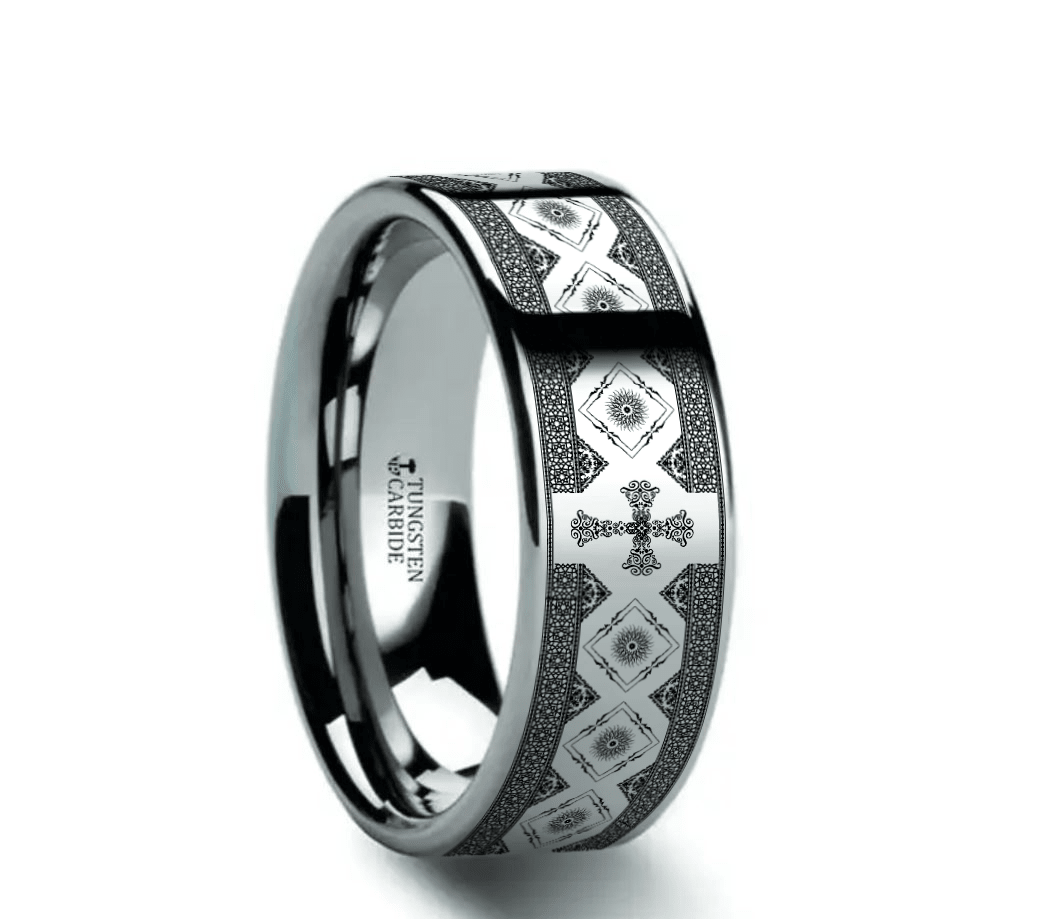 CONSECRATE | Tungsten Cross Pattern Wedding Band, Flat Classic