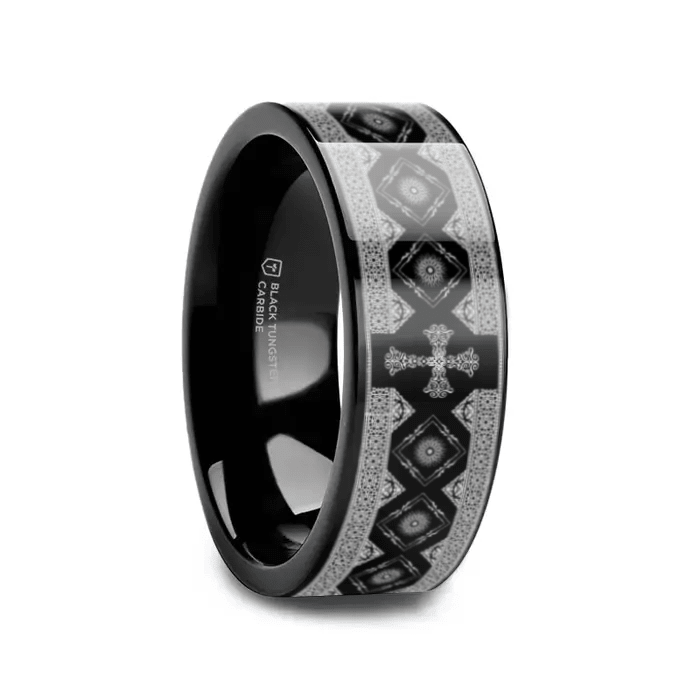COVENANT | Black Tungsten Cross Pattern Wedding Band, Flat