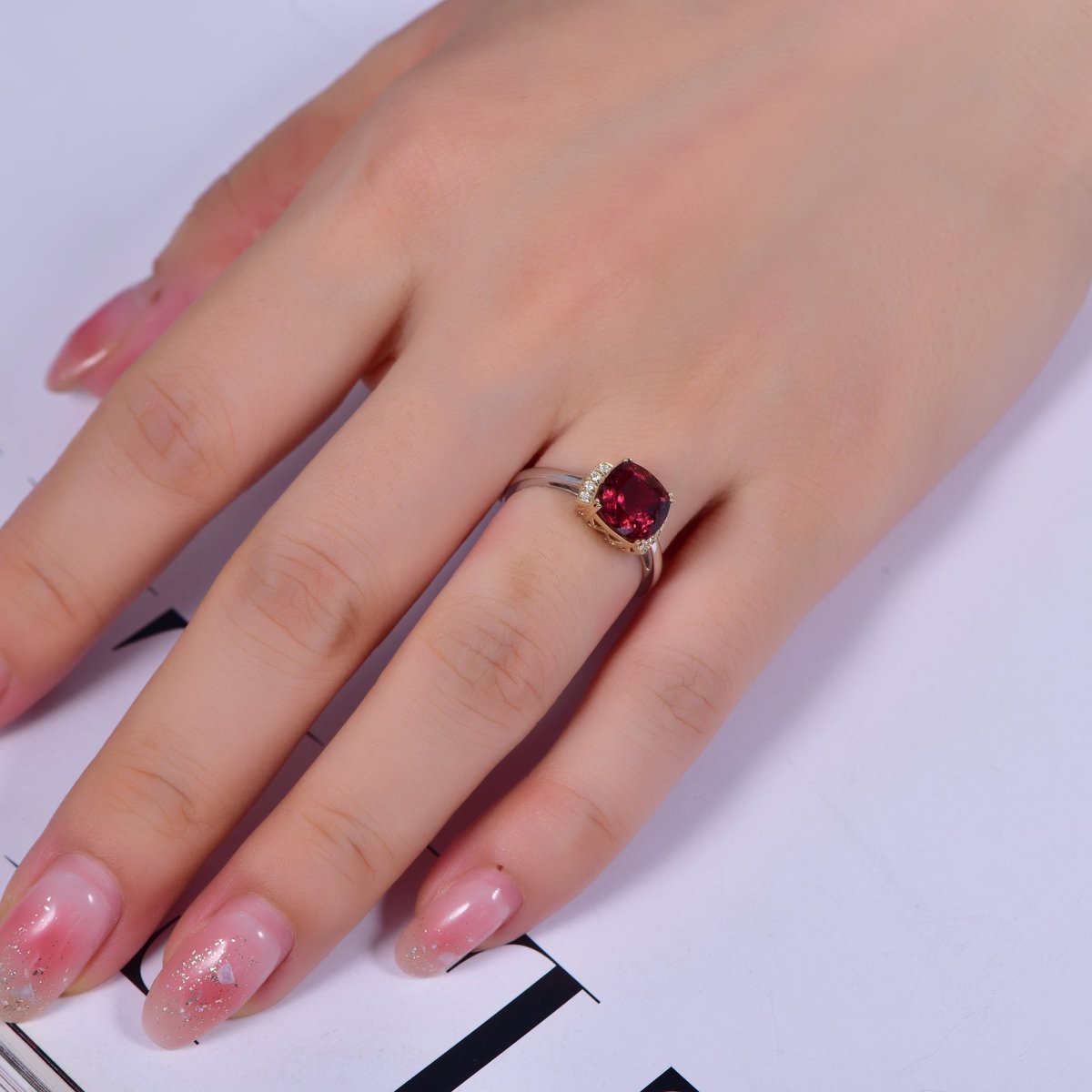 Cushion Pink Tourmaline Engagement Ring 14K Two Tone Gold