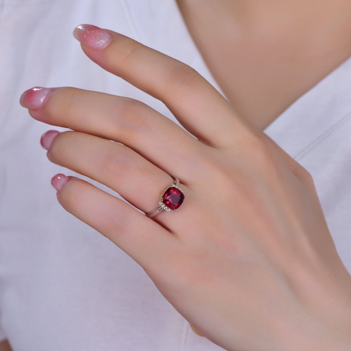 Cushion Pink Tourmaline Engagement Ring 14K Two Tone Gold