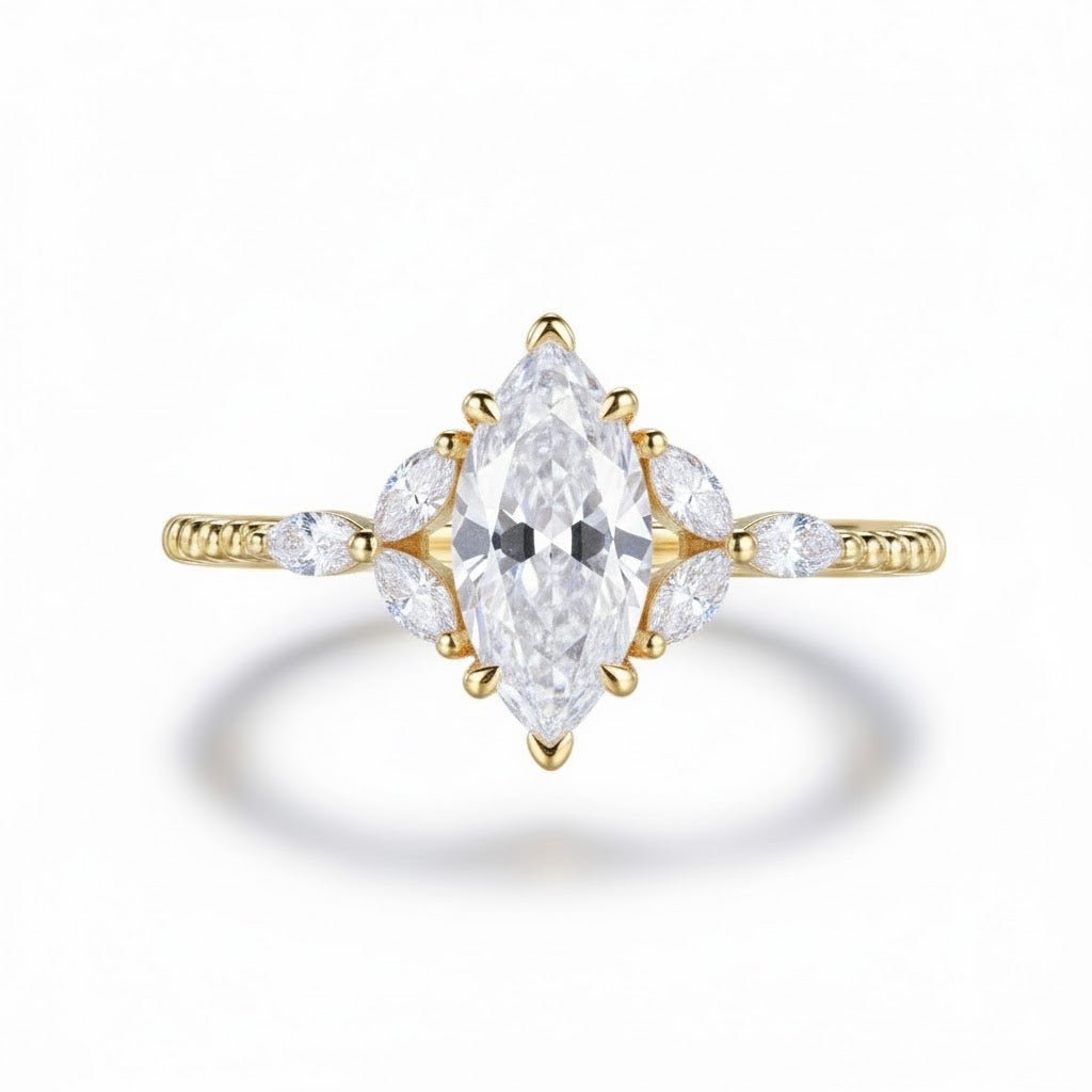 Custom 2 Carat Marquise Moissanite Trio Accent Ball Ring 14K Gold