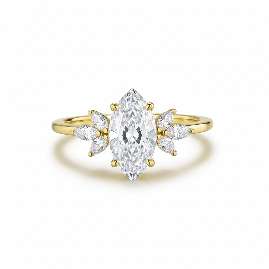 Custom 2 Carat Marquise Moissanite Trio Accent Ball Ring 14K Gold