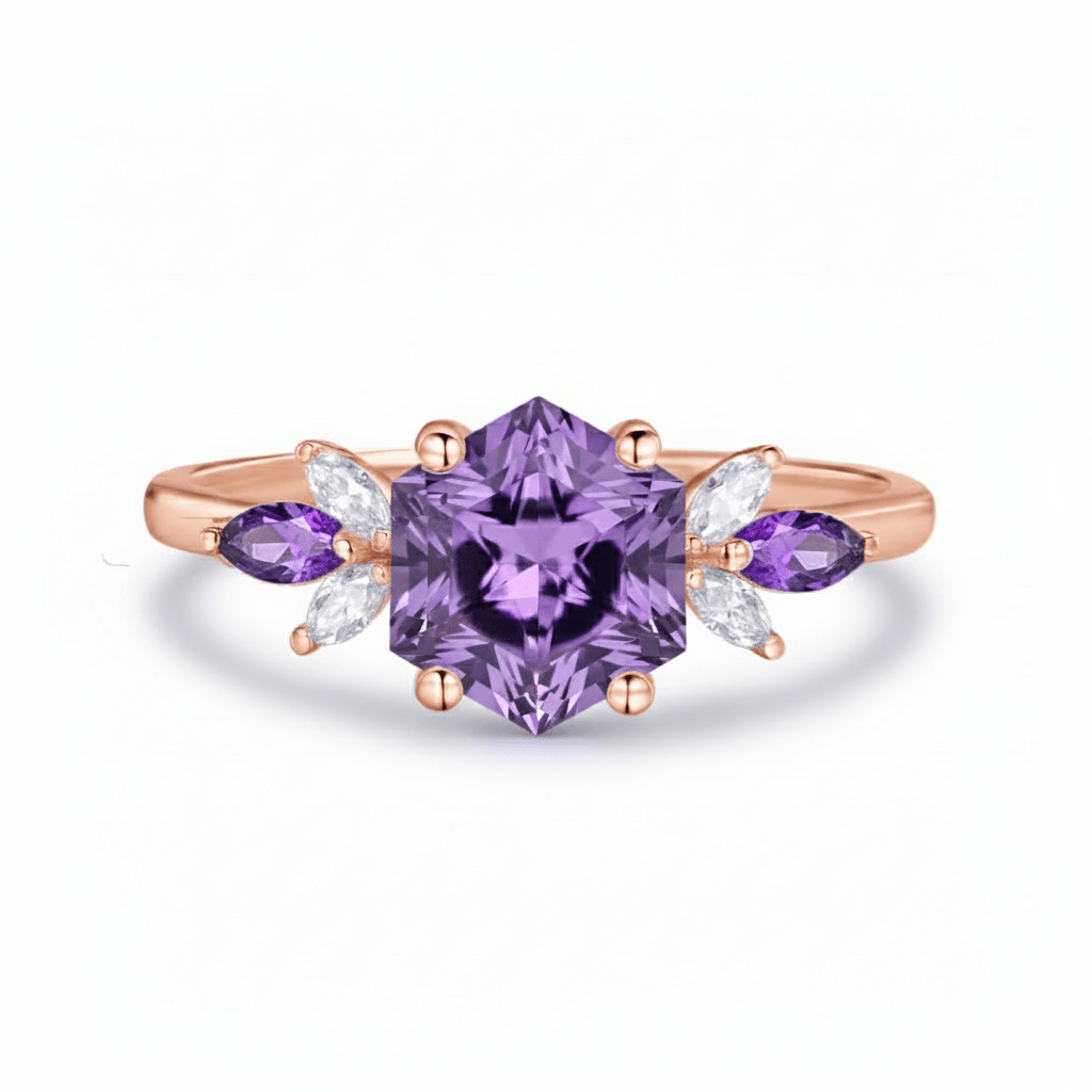 Custom Hexagon Amethyst & Marquise Moissanite Leaf Ring in 14K White Gold