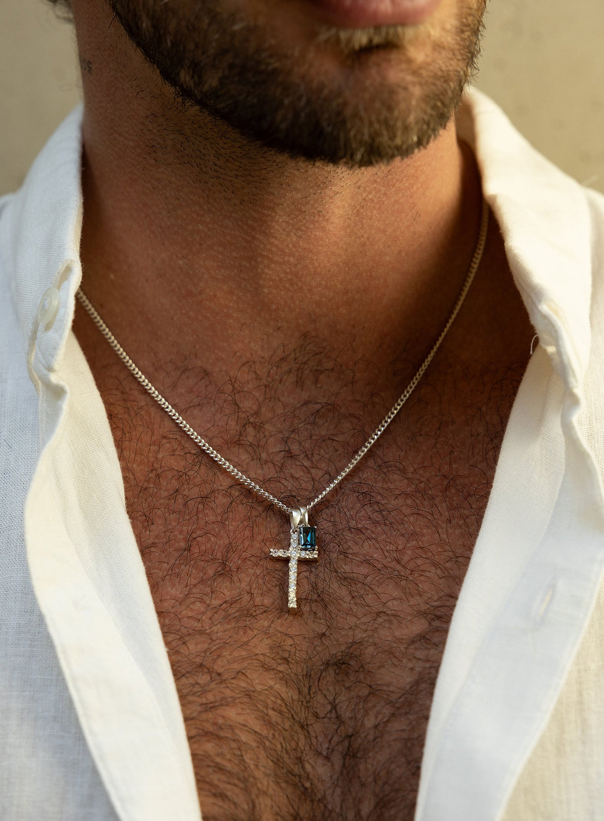925 Sterling Silver Cubic Zirconia Cross with Blue Topaz Pendant