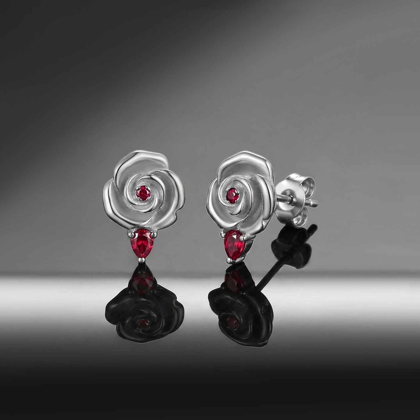 Nature Inspired Dark Crimson Rose Lab Ruby Stud Earrings - 'Thorns & Roses'