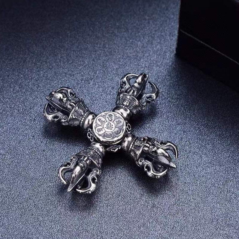 Fortune Jewel Tibetan 925 Sterling Silver Double Dorje Vajra Engraved Spiritual Power Pendant