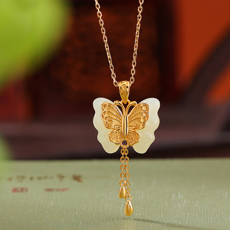 Fortune Jewel 925 Sterling Silver Plated Gold Hetian White Jade Butterfly Blessing Necklace Pendant