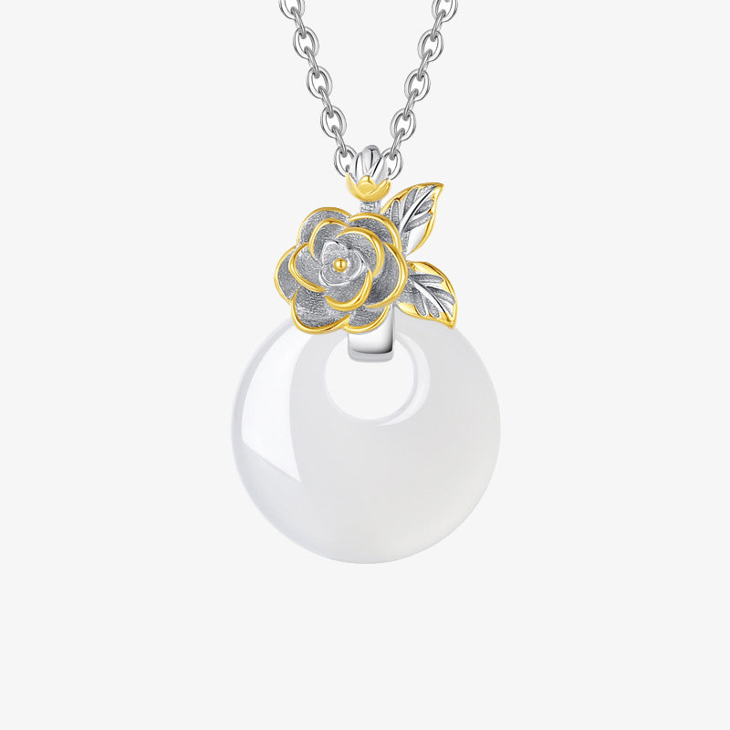 Fortune Jewel 925 Sterling Silver Round Chalcedony Twelve Months Flower Harmony Necklace Pendant