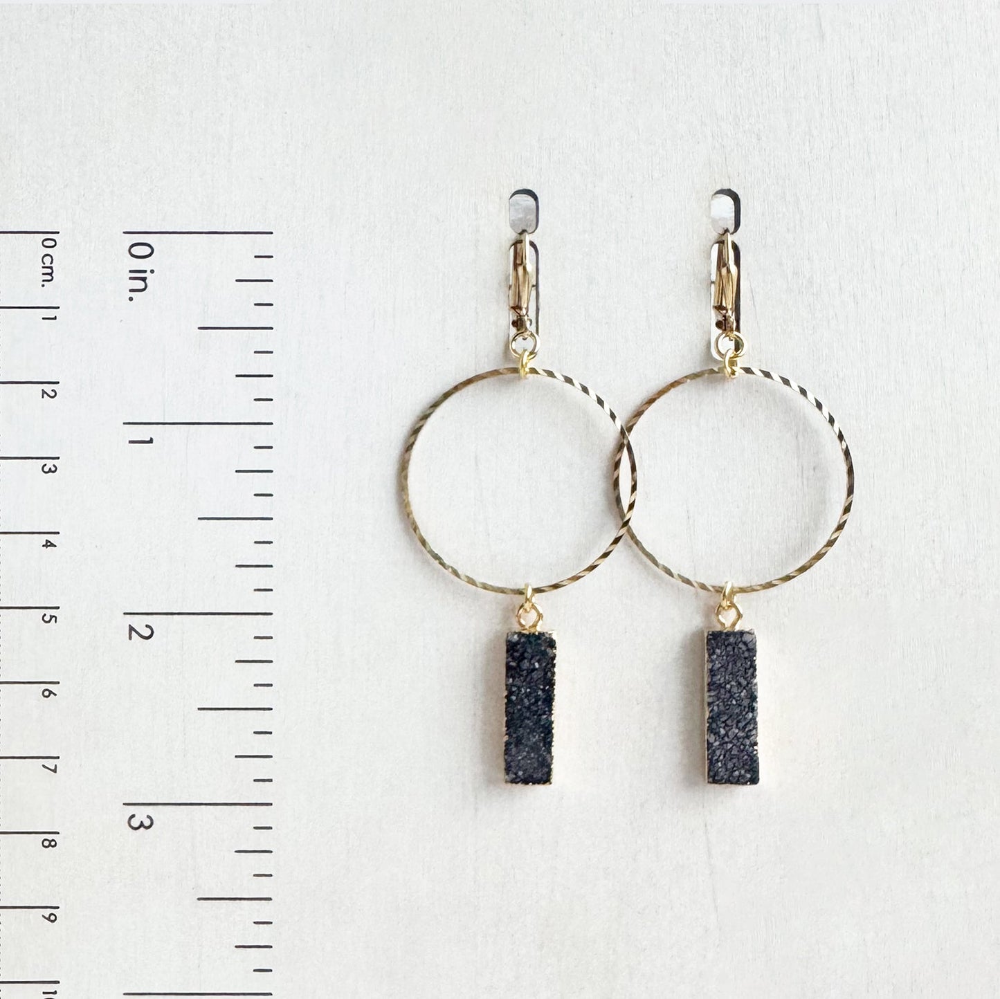 Hammered Brass Hoop and Black Druzy Earrings