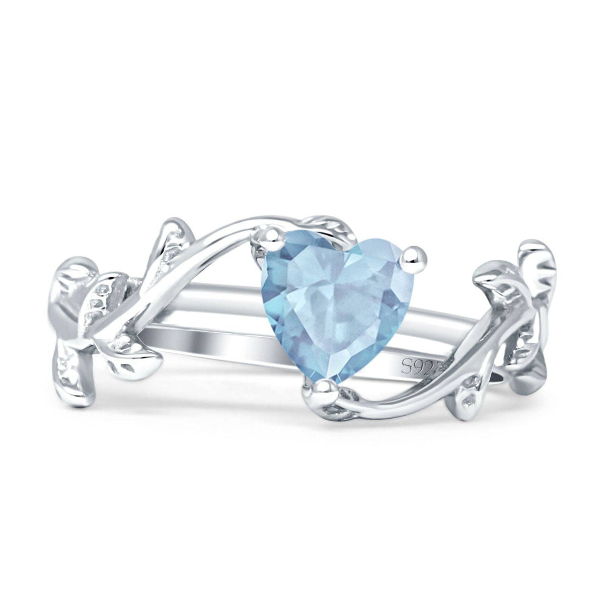 Heart Leaf Art Deco Promise Ring Aquamarine CZ: Aquamarine CZ size I1/2