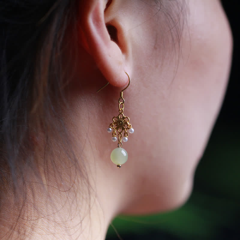 Fortune Jewel Hetian Jade Flower Pattern 14K Gold Plated Luck Drop Dangle Earrings