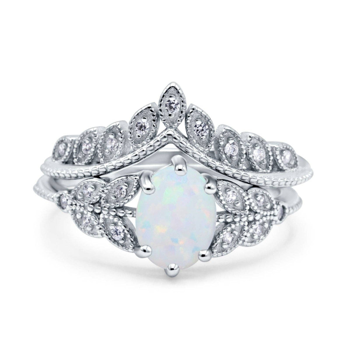 Two Piece Vintage Style Band Oval Lab Created White Opal Wedding Bridal Set Ring: Lab Created White Opal size T