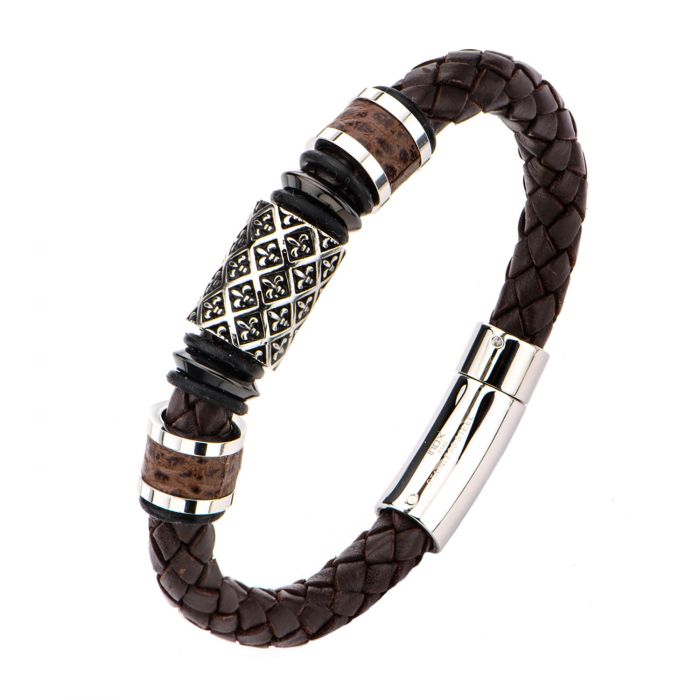 Stainless Steel Fleur De Lis Brown Braided Leather Bracelet