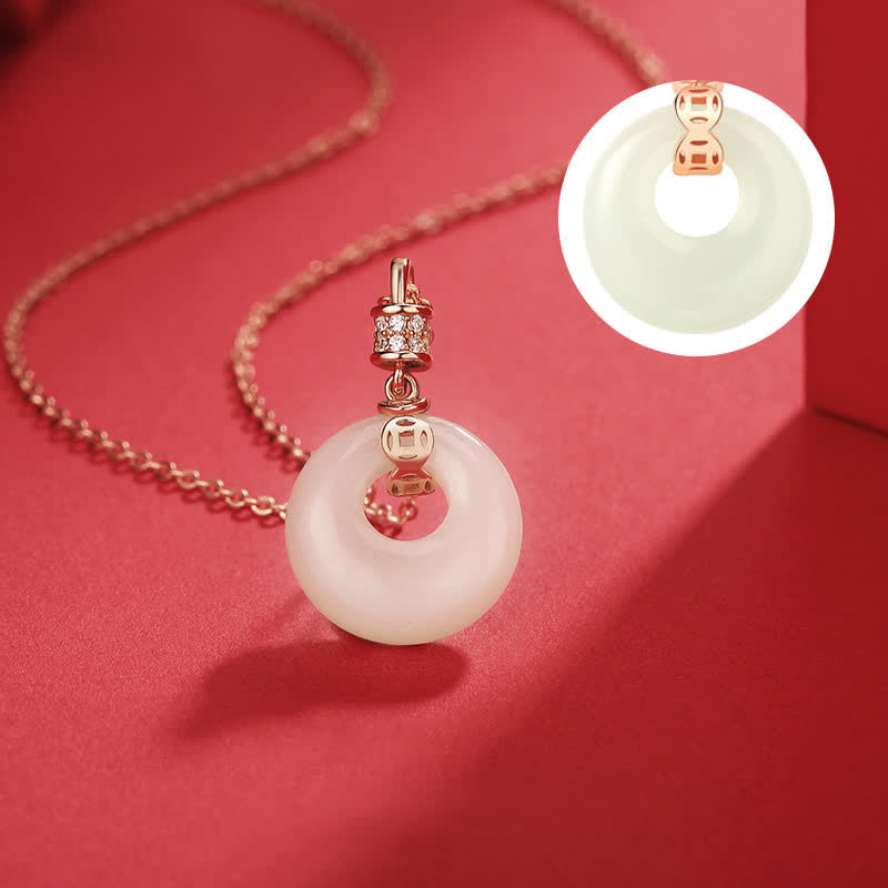 Fortune Jewel 925 Sterling Silver Hetian White Jade Coin Flower Peace Buckle Luck Necklace Pendant