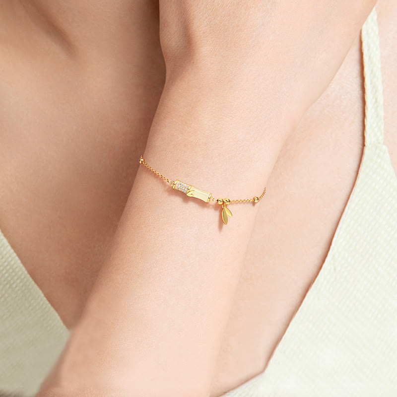 Fortune Jewel 925 Sterling Silver 18K Gold Plated White Jade Bamboo Zircon Leaf Luck Bracelet