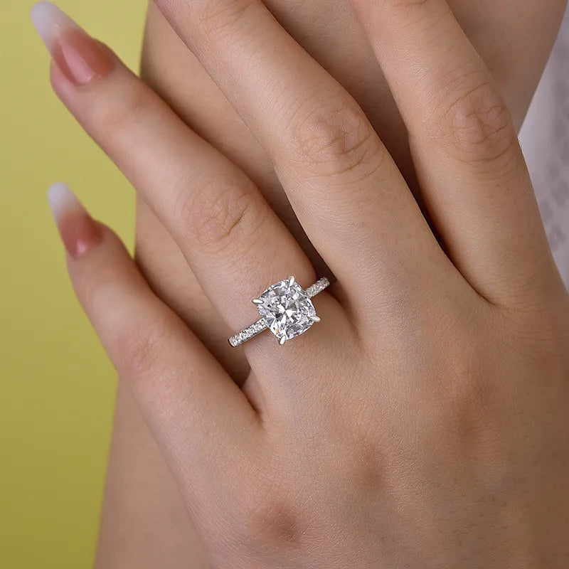 Radiant Cushion Cut 3.0ct Hidden Halo Engagement Ring In Sterling Silver