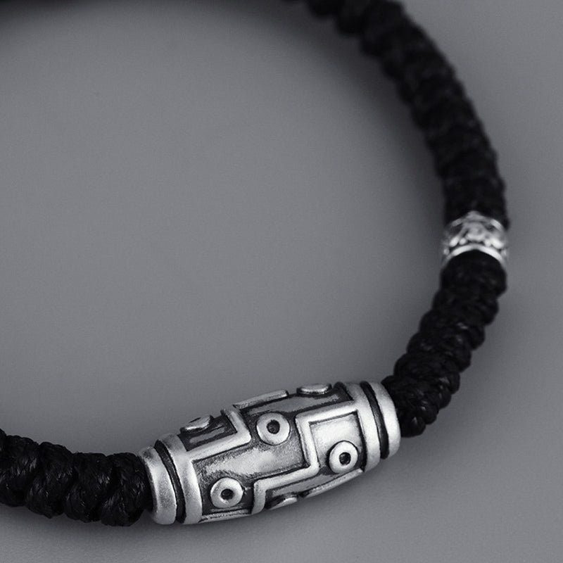 Fortune Jewel 999 Sterling Silver Nine-Eye Dzi Bead Pattern Blessing Rope Bracelet