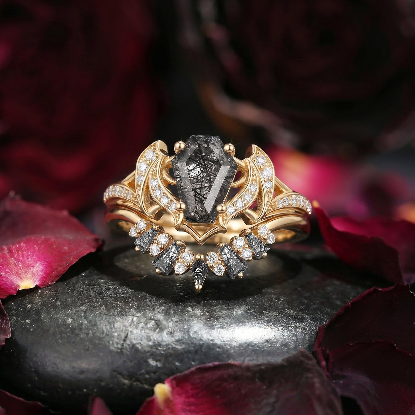 Unique Coffin Shaped Black Rutilated Quartz Bat Wing Inspired Engagement Ring Set 2pcs