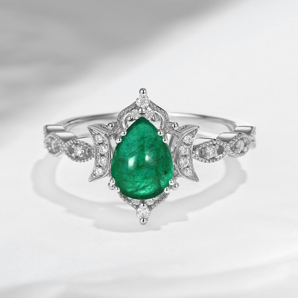 Crescent Moon | Unique Antique Pear Shaped Natural Emerald Moon Engagement Ring