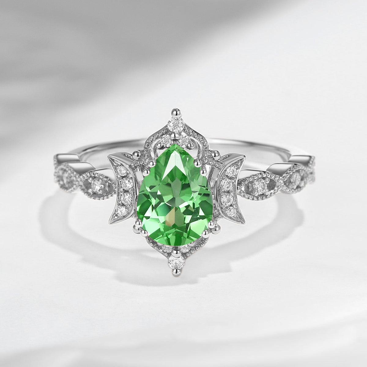 Crescent Moon | Vintage Inspired Pear Cut Lab Tsavorite Engagement Ring