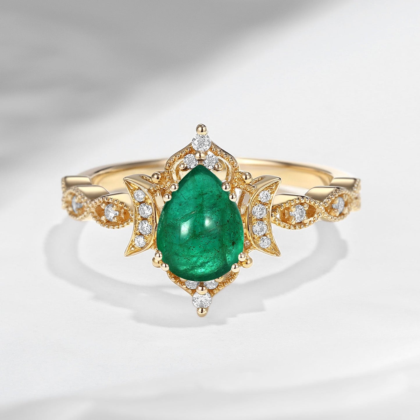 Crescent Moon | Unique Antique Pear Shaped Natural Emerald Moon Engagement Ring