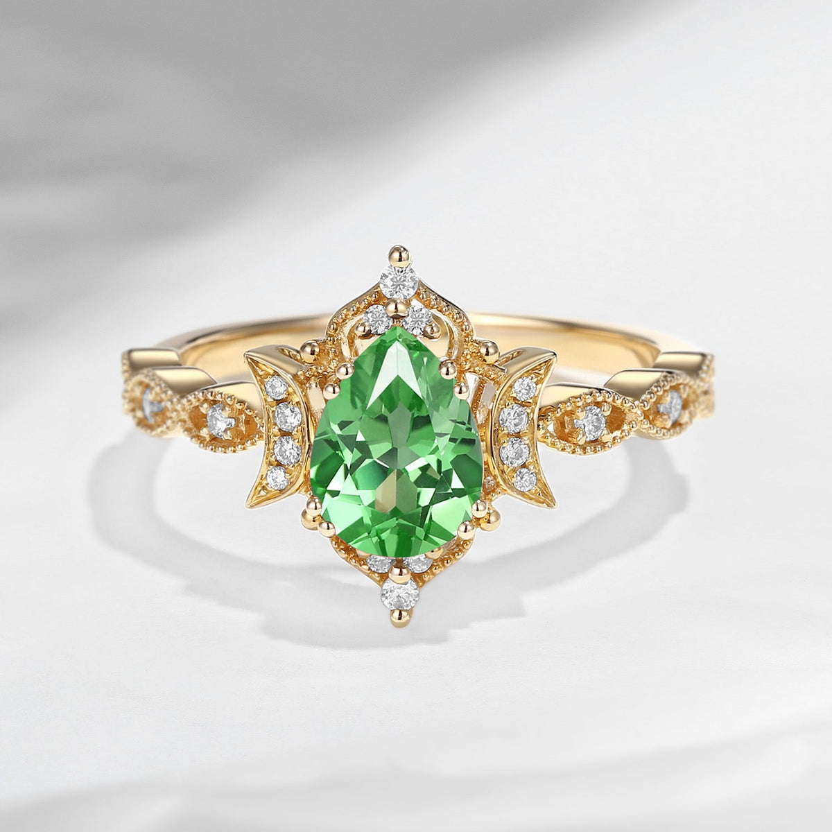 Crescent Moon | Vintage Inspired Pear Cut Lab Tsavorite Engagement Ring