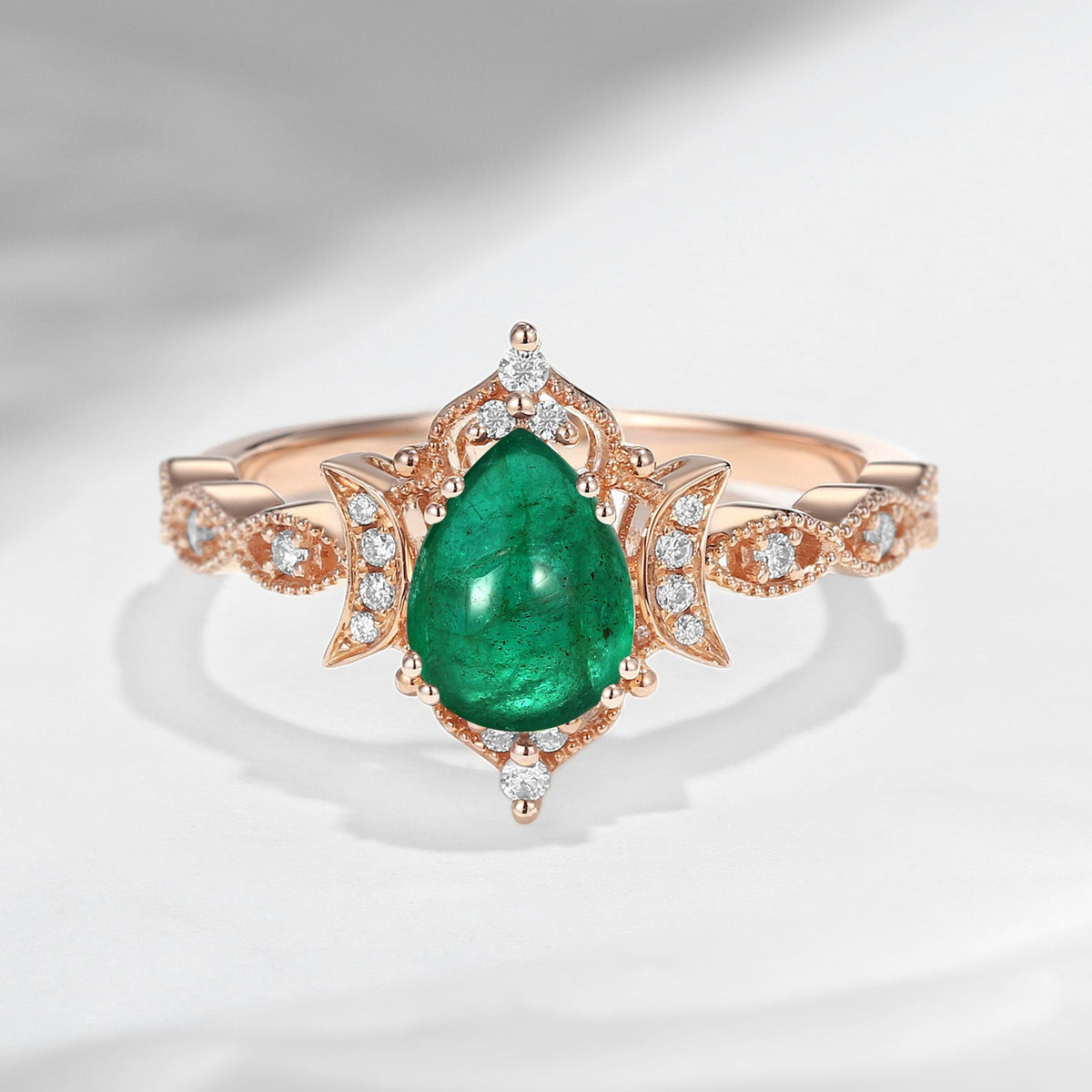 Crescent Moon | Unique Antique Pear Shaped Natural Emerald Moon Engagement Ring