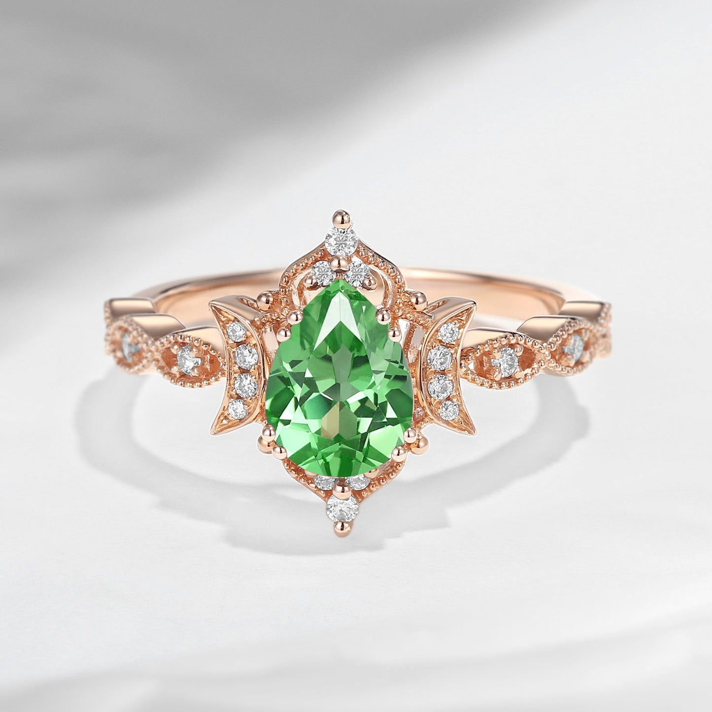 Crescent Moon | Vintage Inspired Pear Cut Lab Tsavorite Engagement Ring