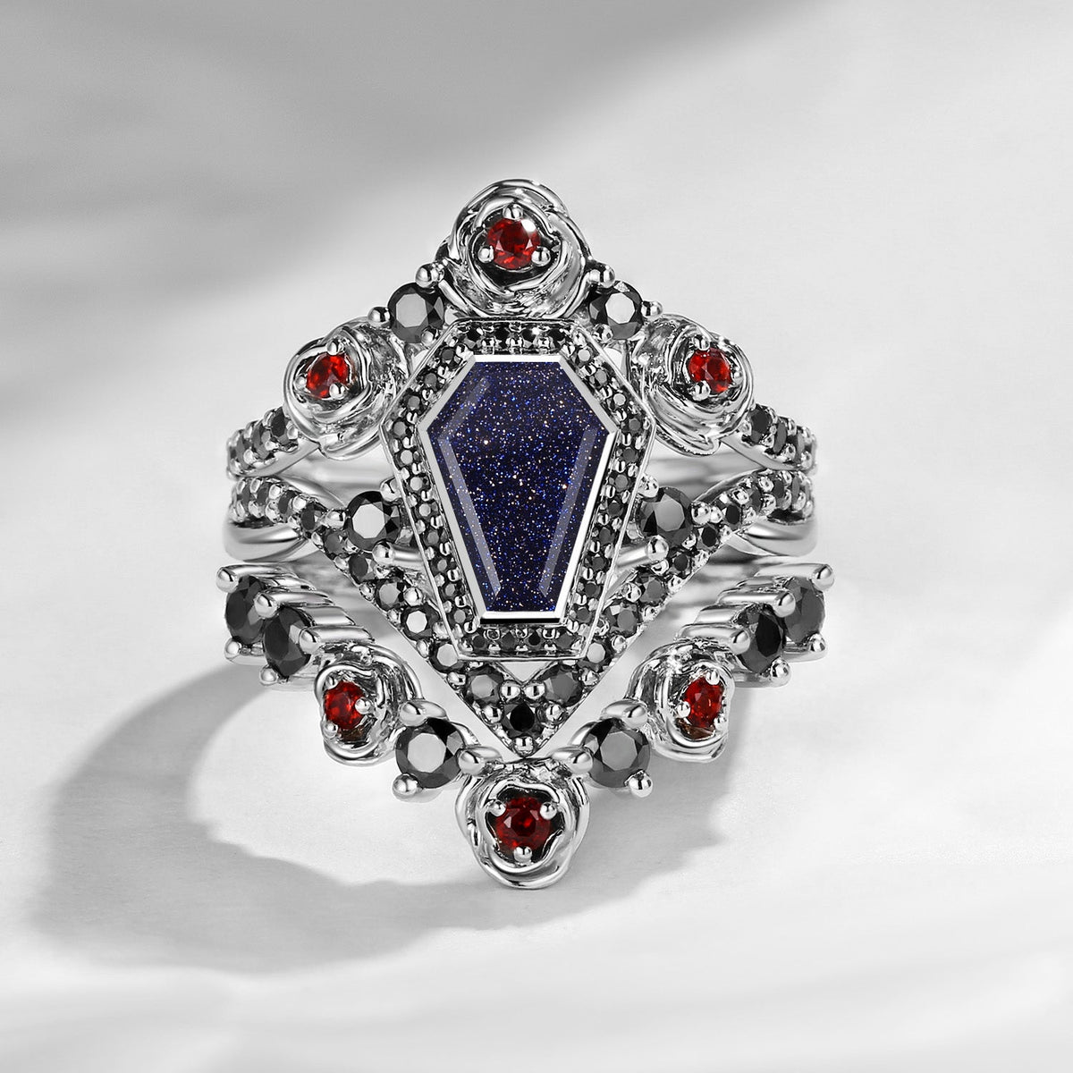 Unique Coffin Salt & Pepper Diamond Gothic Rose Flower Engagement Ring Set 3pcs