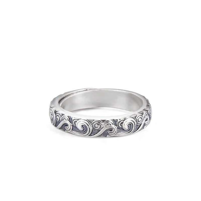 Fortune Jewel 999 Sterling Silver Auspicious Clouds Engraved Blessing Adjustable Ring
