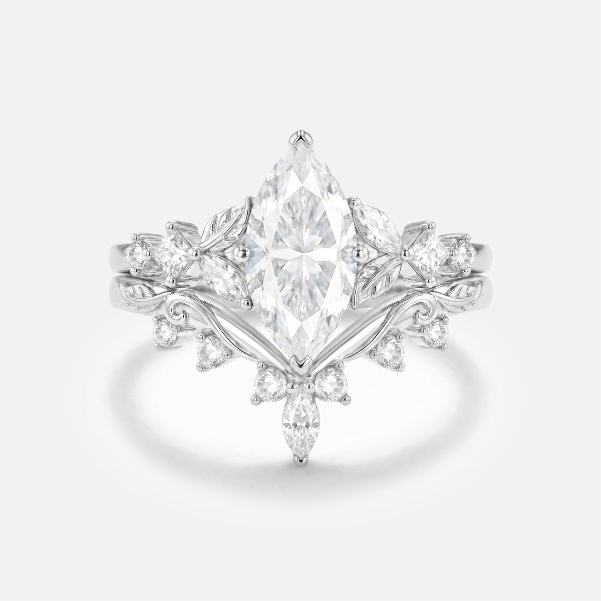 Marquise Cut Moissanite Leaf Nature Engagement Ring Set 2pcs - Peony