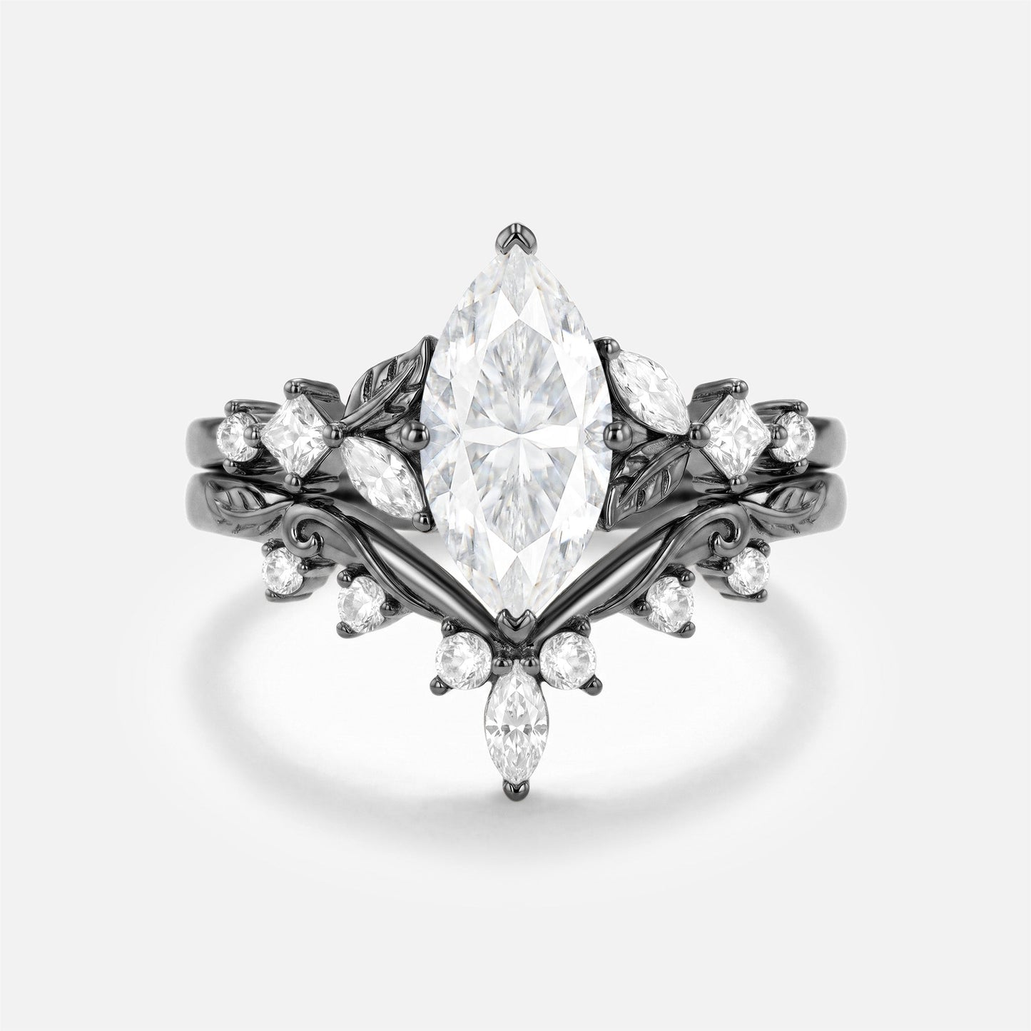 Marquise Cut Moissanite Leaf Nature Engagement Ring Set 2pcs - Peony
