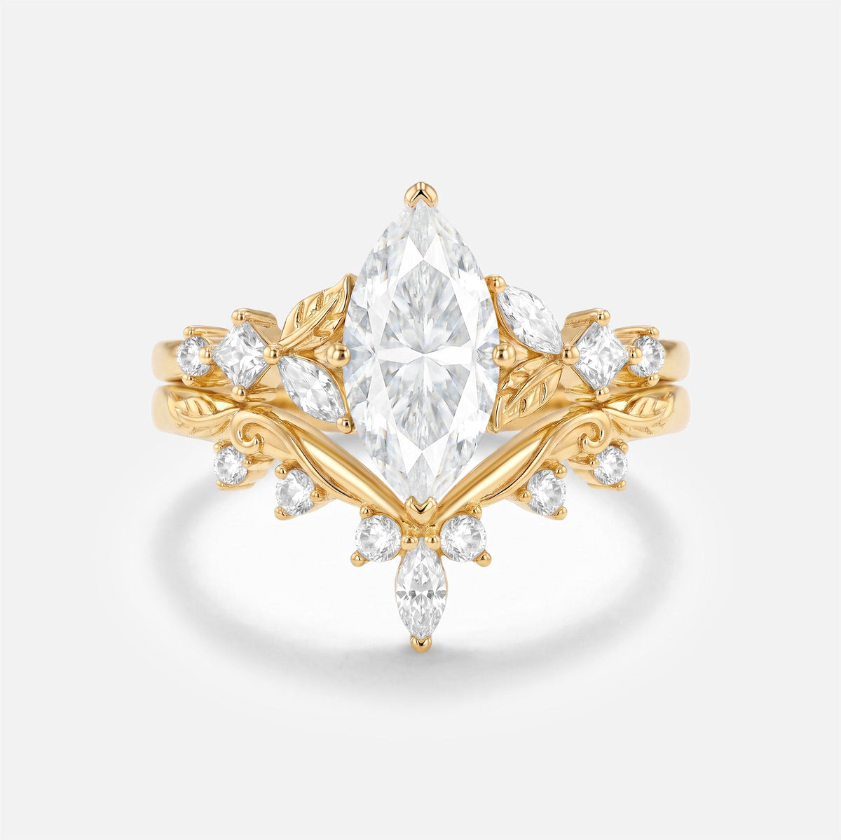 Marquise Cut Moissanite Leaf Nature Engagement Ring Set 2pcs - Peony