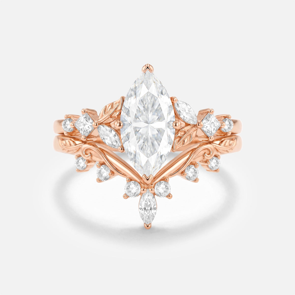 Marquise Cut Moissanite Leaf Nature Engagement Ring Set 2pcs - Peony