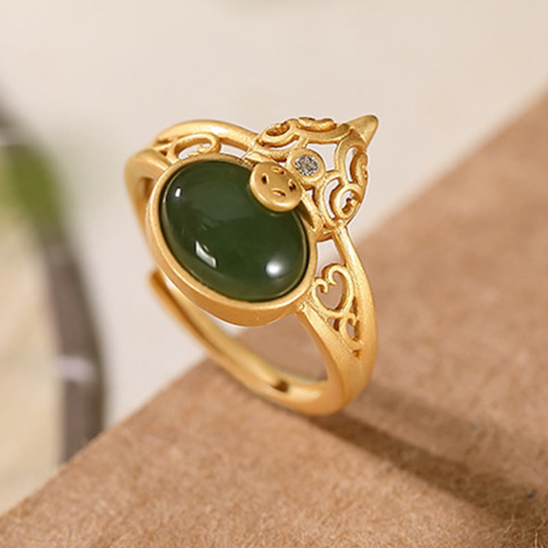 Fortune Jewel Gourd Cyan Jade Copper Coin Success Luck Adjustable Ring