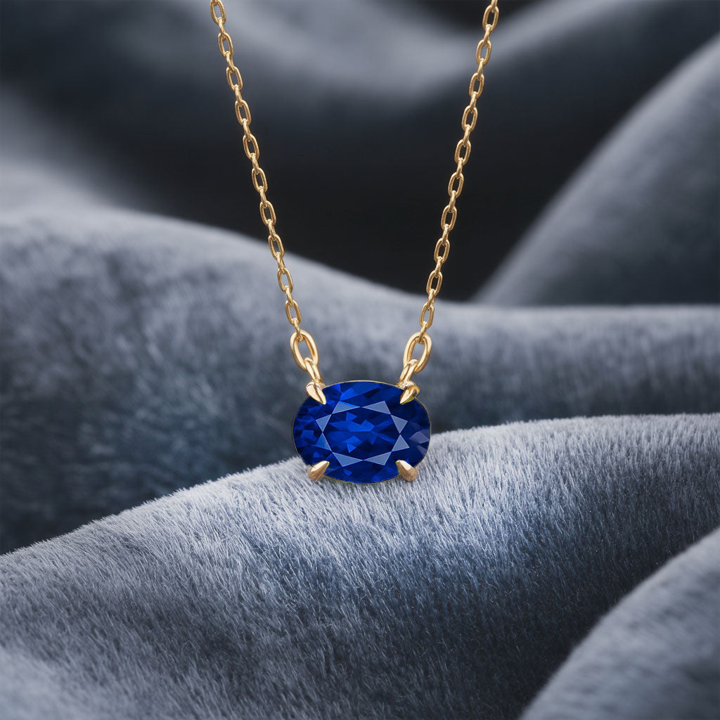 Oval Lab-Grown Blue Sapphire Prong Set Birthstone Pendant Necklace