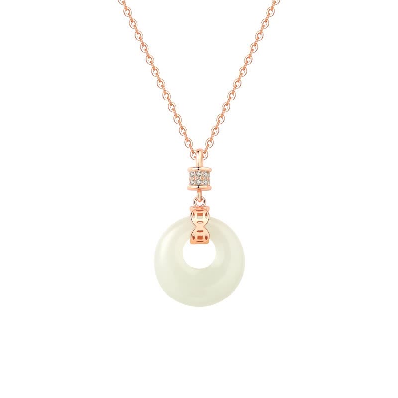 Fortune Jewel 925 Sterling Silver Hetian White Jade Coin Flower Peace Buckle Luck Necklace Pendant