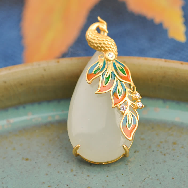 Fortune Jewel White Jade Peacock Protection Necklace Chain Pendant