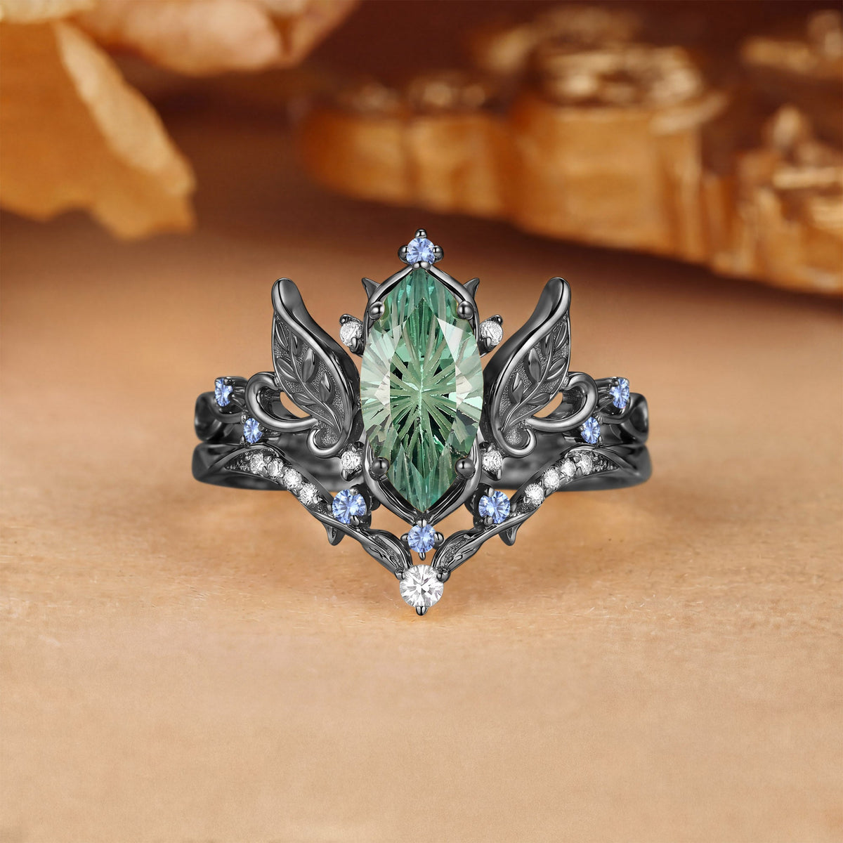Forest Fairy Marquise Firework Cut Green Sapphire Leafy Vine Engagement Ring Set 2pcs - Fawn