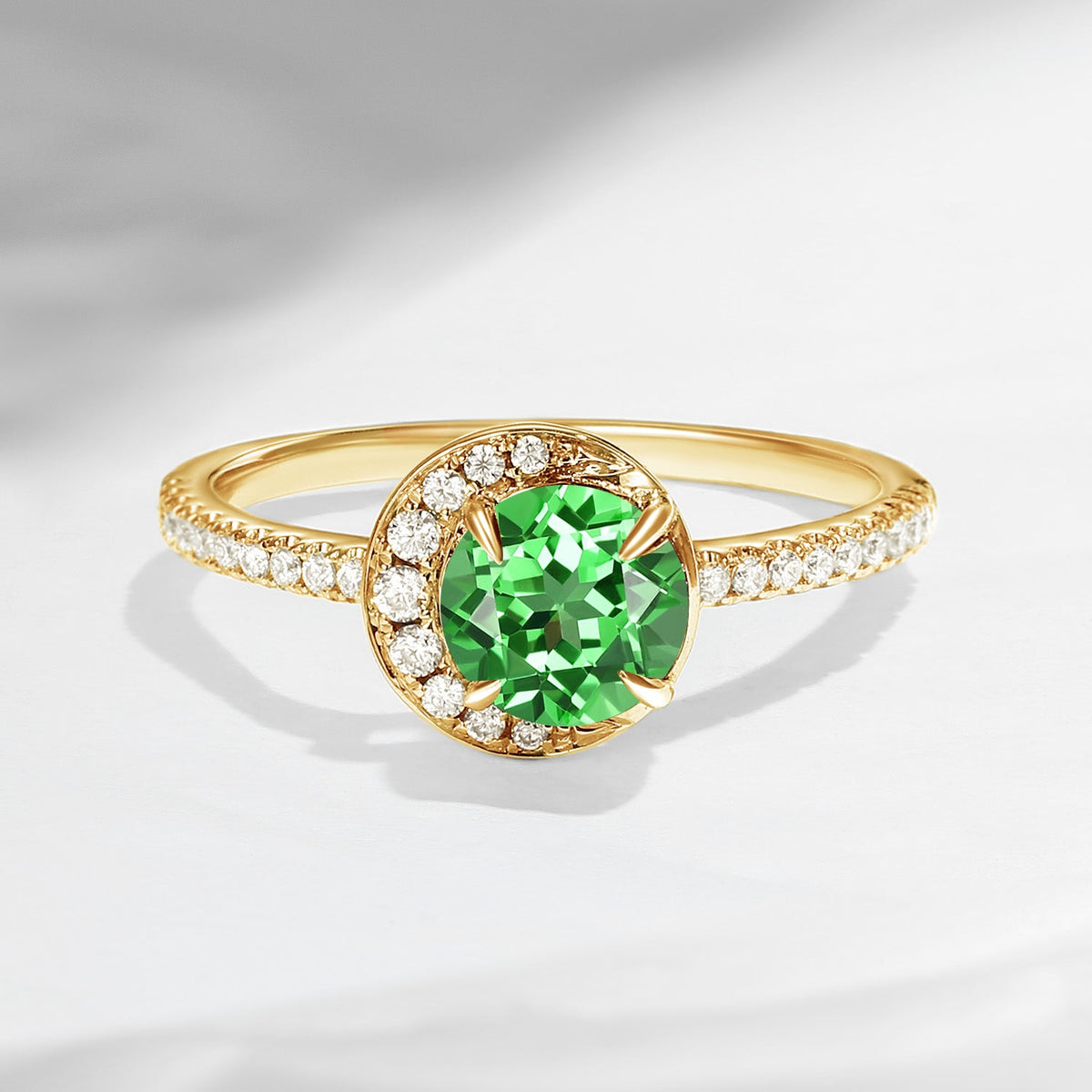 Crescent Moon | Unique Round Cut Lab Tsavorite ‘Full Moon’ Engagement Ring