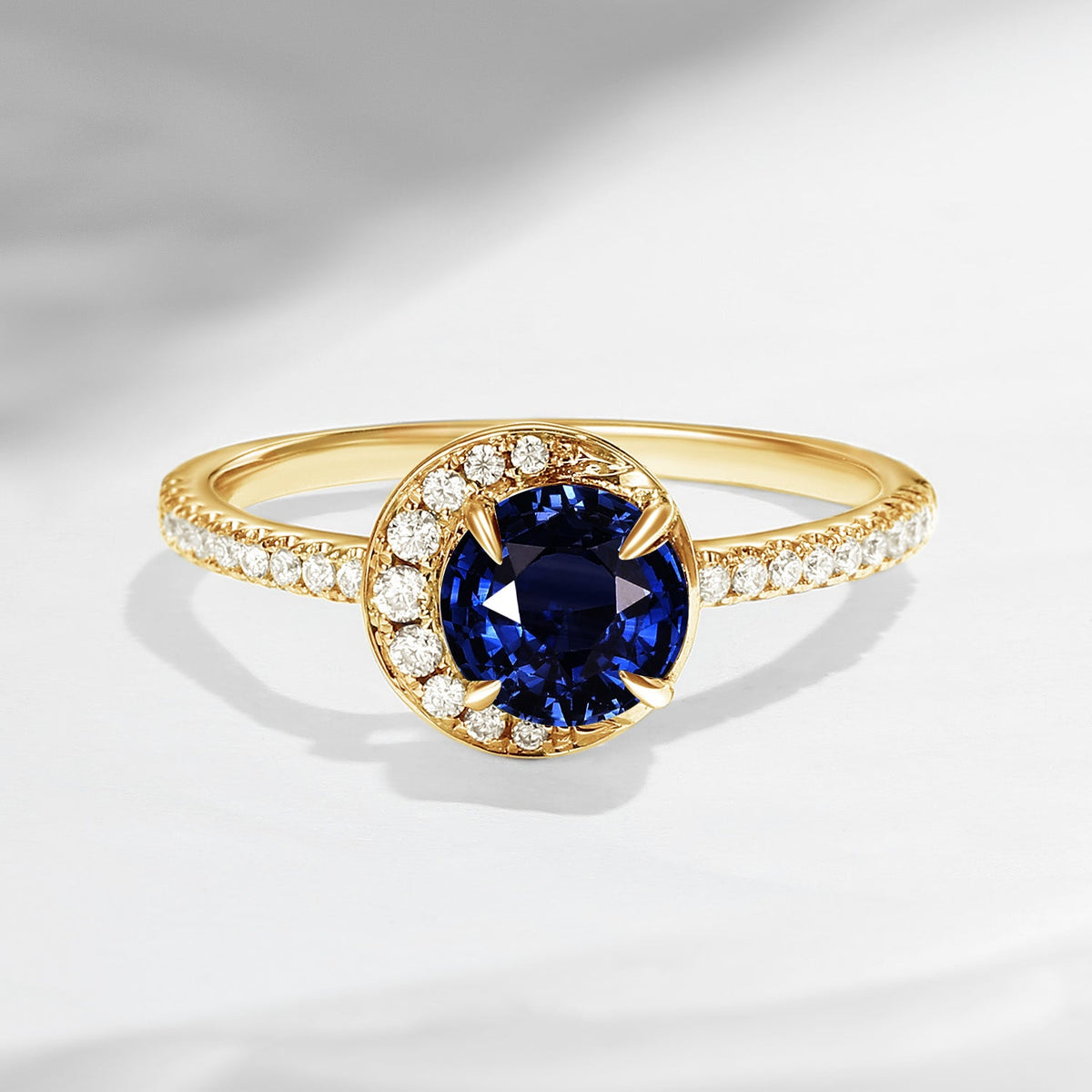 Crescent Moon | Unique Round Cut Natural Sapphire ‘Full Moon’ Engagement Ring