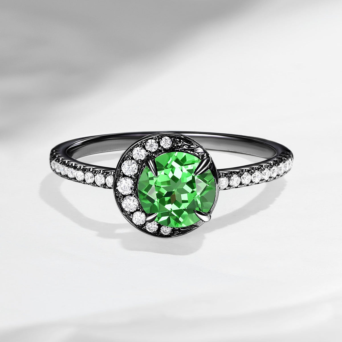 Crescent Moon | Unique Round Cut Lab Tsavorite ‘Full Moon’ Engagement Ring