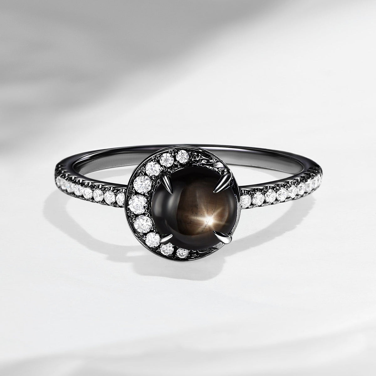 Crescent Moon | Unique Round Cut Natural Black Star Sapphire ‘Full Moon’ Engagement Ring