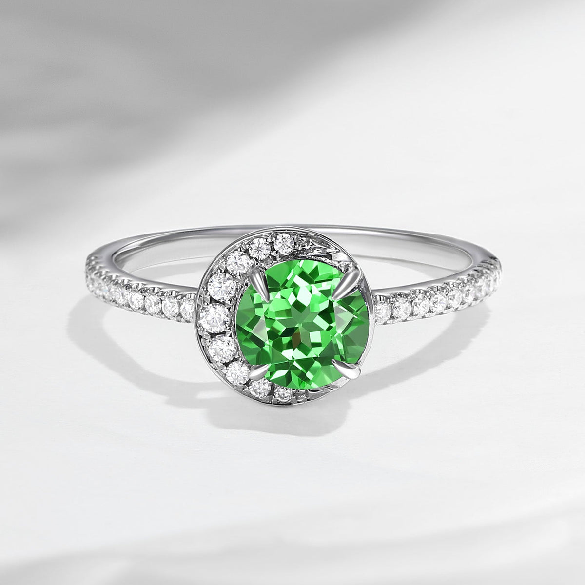 Crescent Moon | Unique Round Cut Lab Tsavorite ‘Full Moon’ Engagement Ring